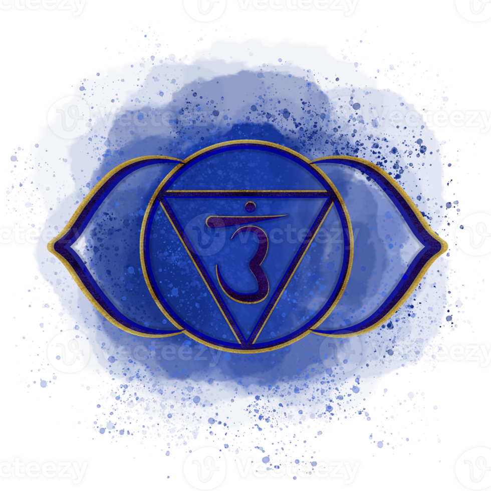 Third eye chakra Ajna on the dark blue watercolor background and Sanskrit symbol in the center. Hand-drawn illustration for covers, postcards, textile, scrapbooking. Energy healing clipart png