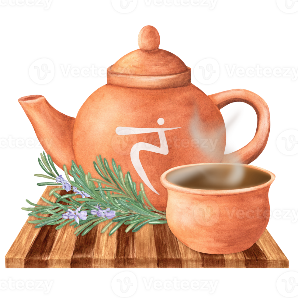 Watercolor clay teapot with Solar plexus chakra symbol, terracotta pot with hot herbal infusion and rosemary bouquet on wooden tray. Ayurveda, yoga clipart. Hand-drawn illustration png