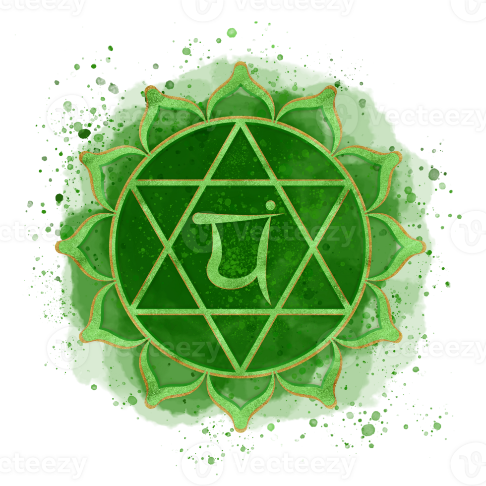Golden green symbol of Heart chakra Anahata on watercolor background with splatter and Sanskrit letters in the center. Energy balance. Hand-drawn illustration. Indian culture clipart png