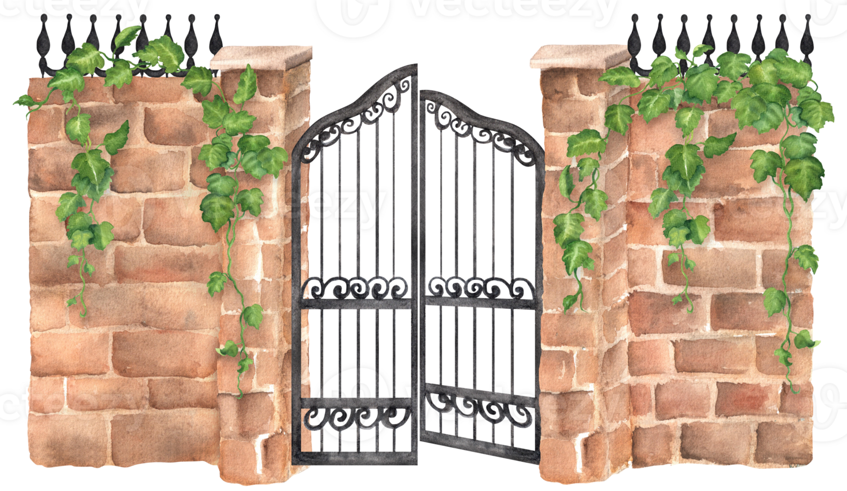 Brick wall with pillars, black open iron gates with green ivy climbing on the wall. Garden clipart. Hand-drawn watercolor illustrations for scrapbooking, postcards, invitation design png