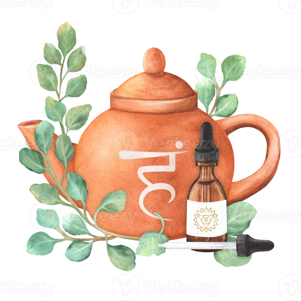 Terracotta clay teapot and glass vial with essential oil. Eucalyptus twigs with green blue leaves. Hand-drawn illustration for advertising leaflets, package, postcards, covers png