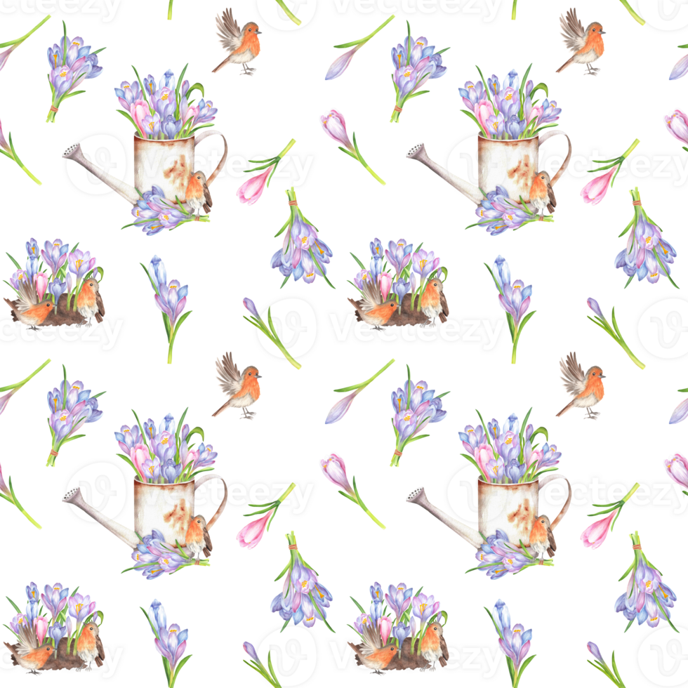 Seamless pattern with watercolor crocuses, robin birds and watering can. Springtime garden design with flowers. Colorful floral hand-drawn illustrations for wallpapers, textile, clothing png