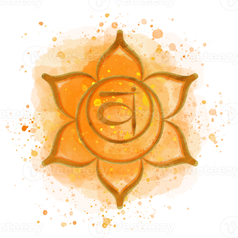 Golden Sacral chakra Svadhisthana on watercolor orange background and Sanskrit symbol in the center. Energy balance. Hand-drawn illustration for covers, package, textile png