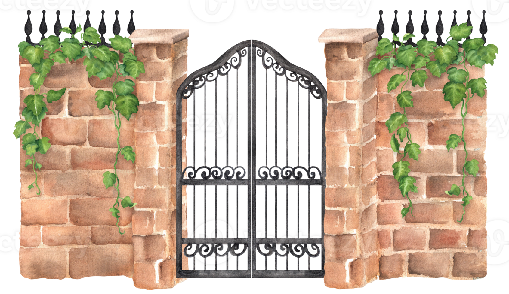 Red brick wall with pillars, black openwork closed iron gates with green ivy climbing on the wall. Garden clipart. Hand-drawn watercolor illustrations for scrapbooking, postcards, invitation design png