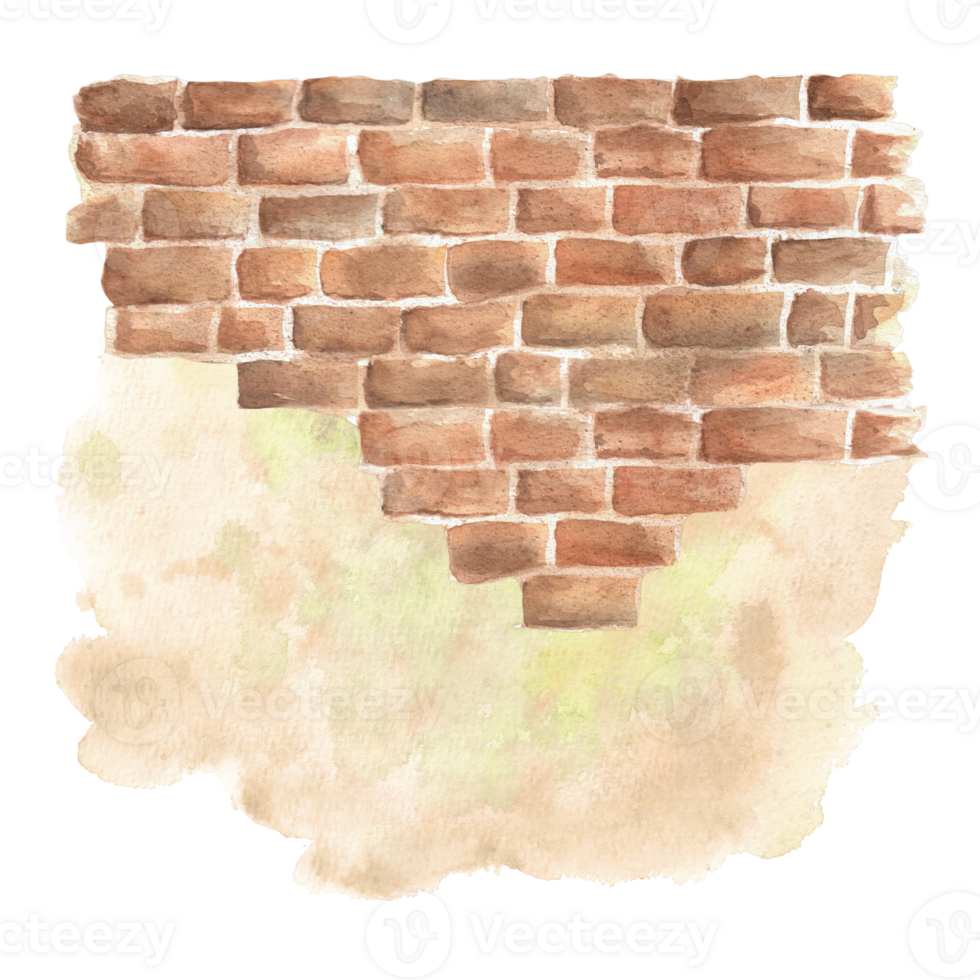 A part of reed brown brick wall and plaster in watercolor. Old garden wall clipart. Hand-drawn illustration for scrapbooking, printing design png