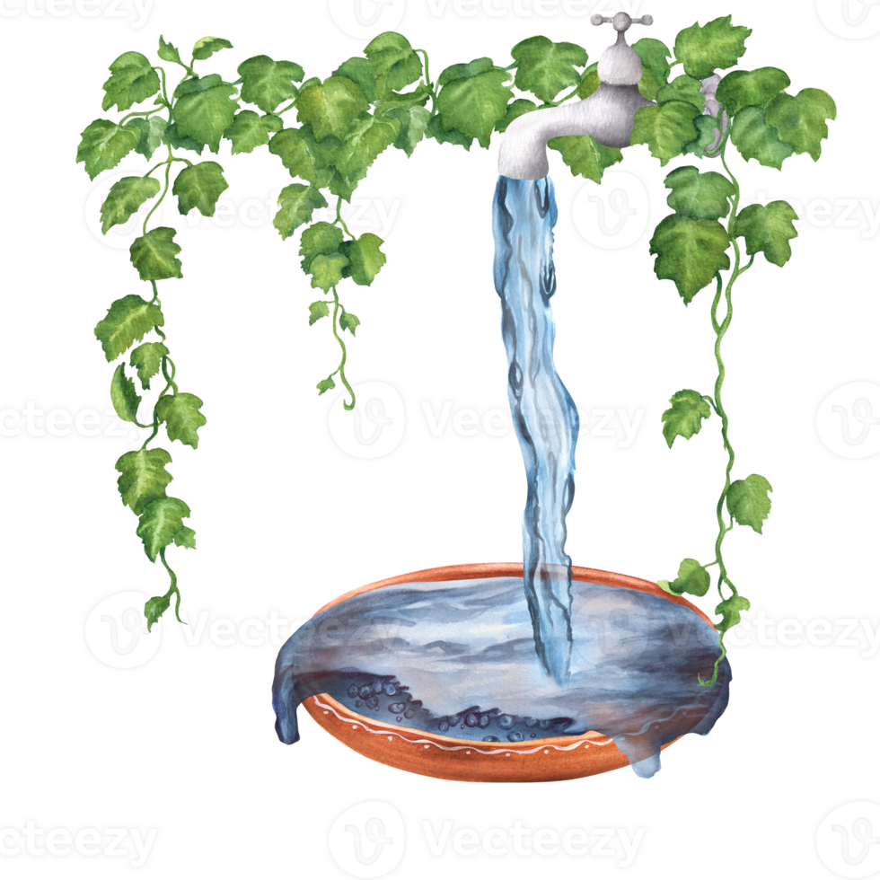 Pre-made composition with garden faucet with water pouring into a terracotta ceramic bowl and green ivy climbing on the wall. Hand-drawn watercolor illustration for postcards, covers, package design png