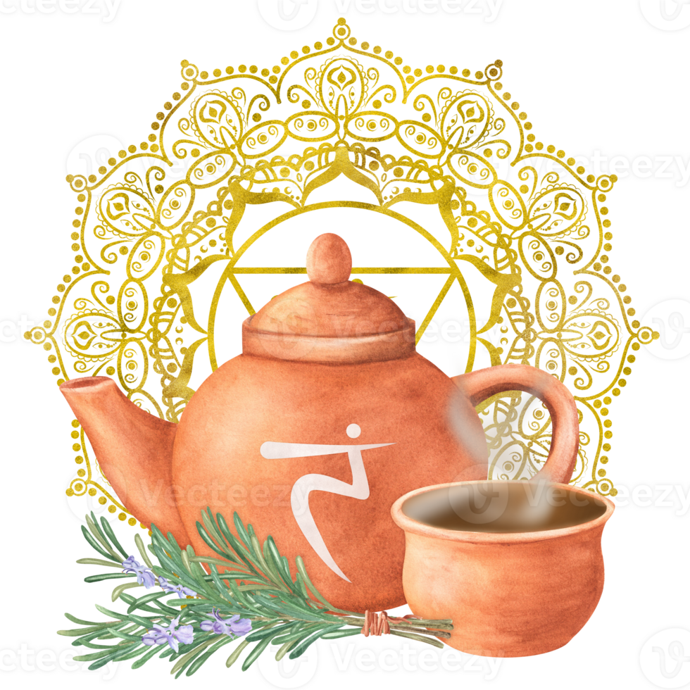 Watercolor terracotta teapot with Solar plexus chakra symbol and a pot with herbal infusion for energy balance. Golden yellow mandala with Manipura chakra. Ayurveda clipart. Hand-drawn illustration png