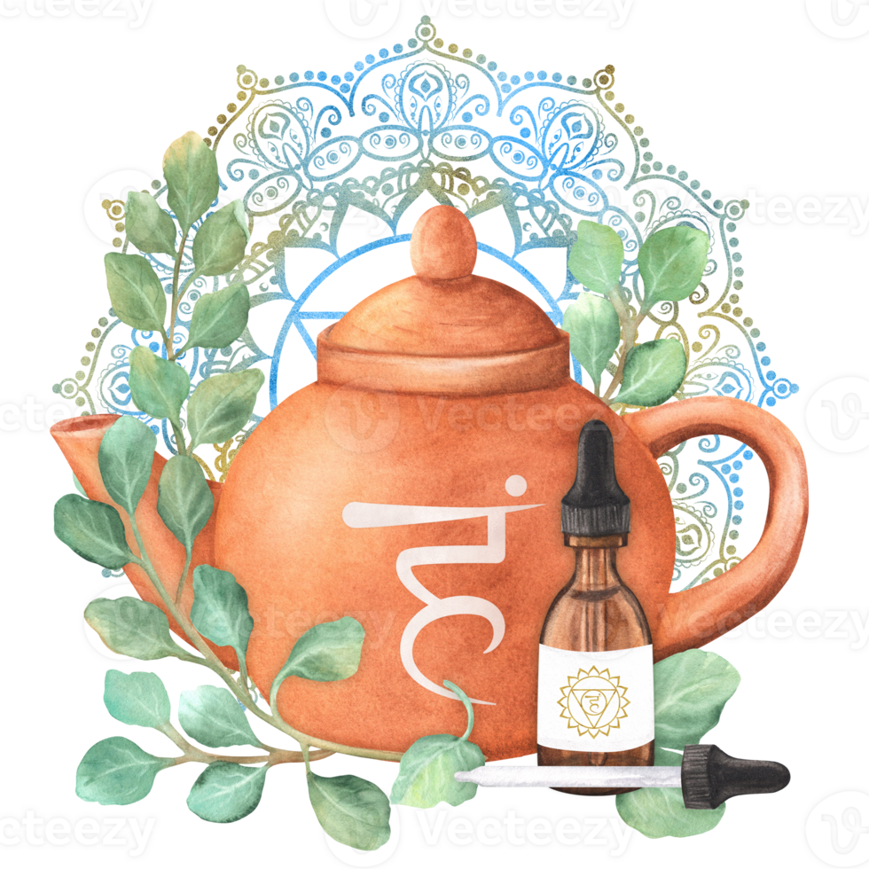 Terracotta teapot and glass vial with essential oil. Eucalyptus twigs. An elegant golden blue mandala with throat chakra vishuddha. Hand-drawn illustration for advertising leaflets, package png