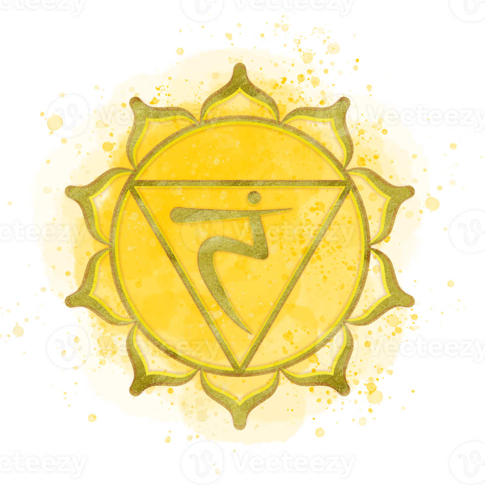 Solar Plexus chakra Manipura on watercolor yellow color with Sanskrit symbol in the center. Energy healing clipart. Indian culture. Hand-drawn illustration for covers, posters, textile, postcards png