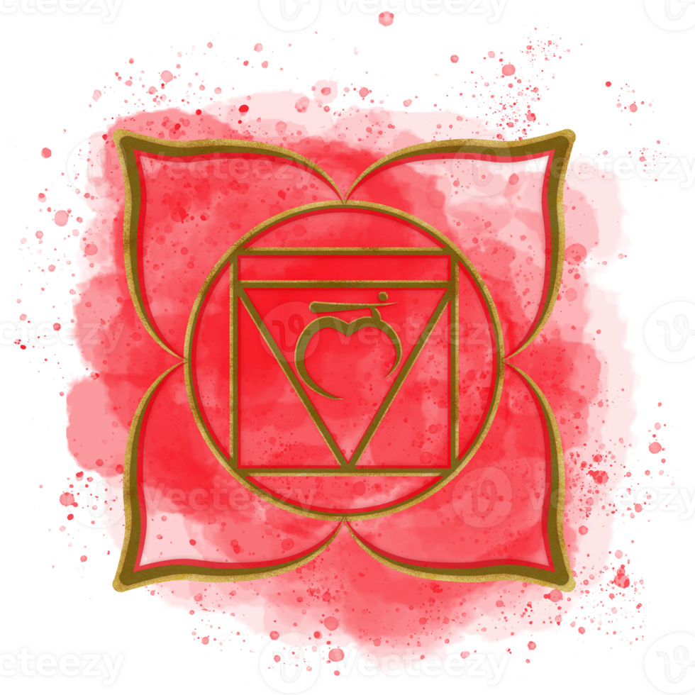Golden Root chakra Muladhara on red watercolor background with splatter and Sanskrit symbol in the center. Indian culture. Energy balance clipart. Hand-drawn illustration. png
