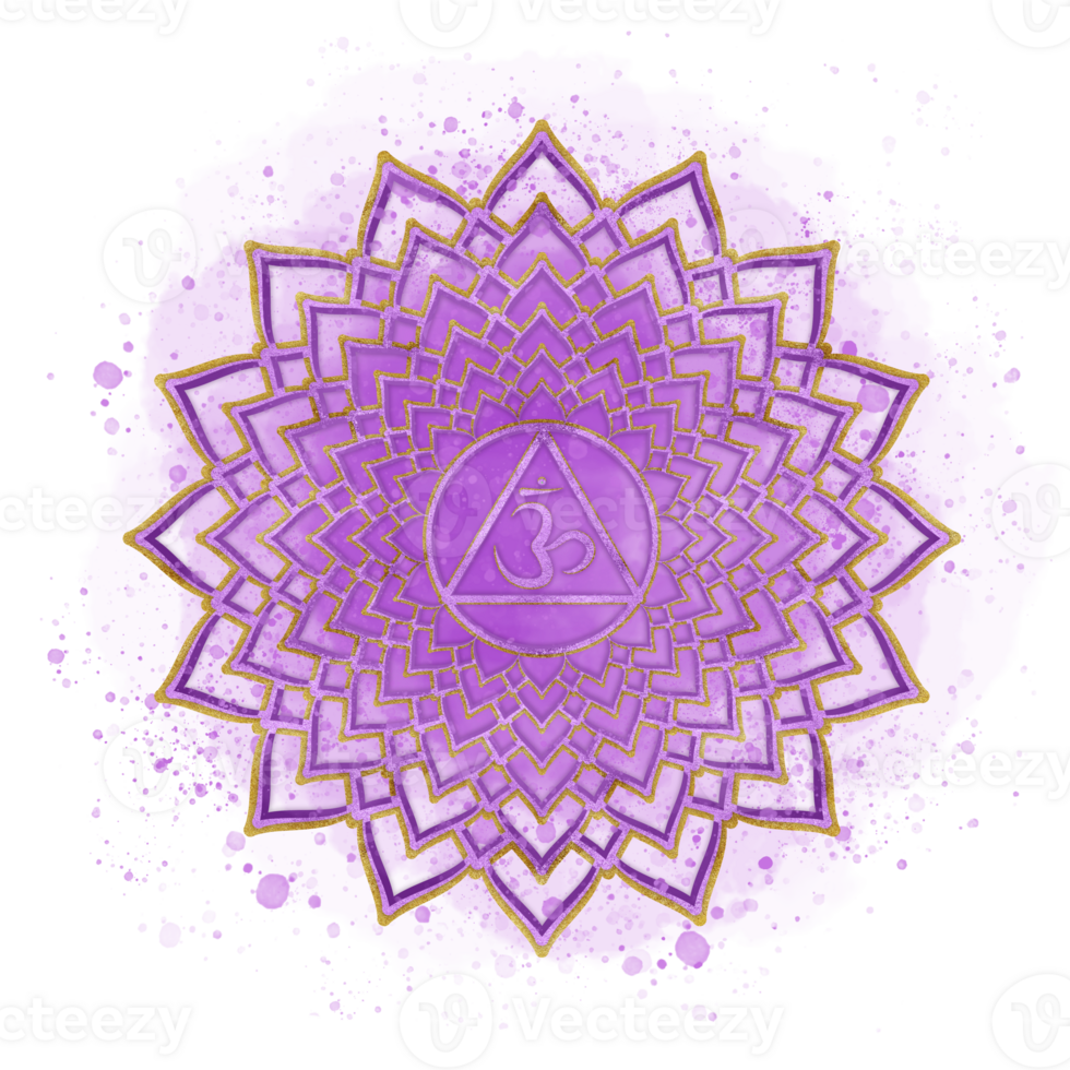 Crown chakra Sahasrara on lilac watercolor background with splatter. Elegant golden chakra with Sanskrit symbol. Energy balance clipart. Hand-drawn watercolor illustration png