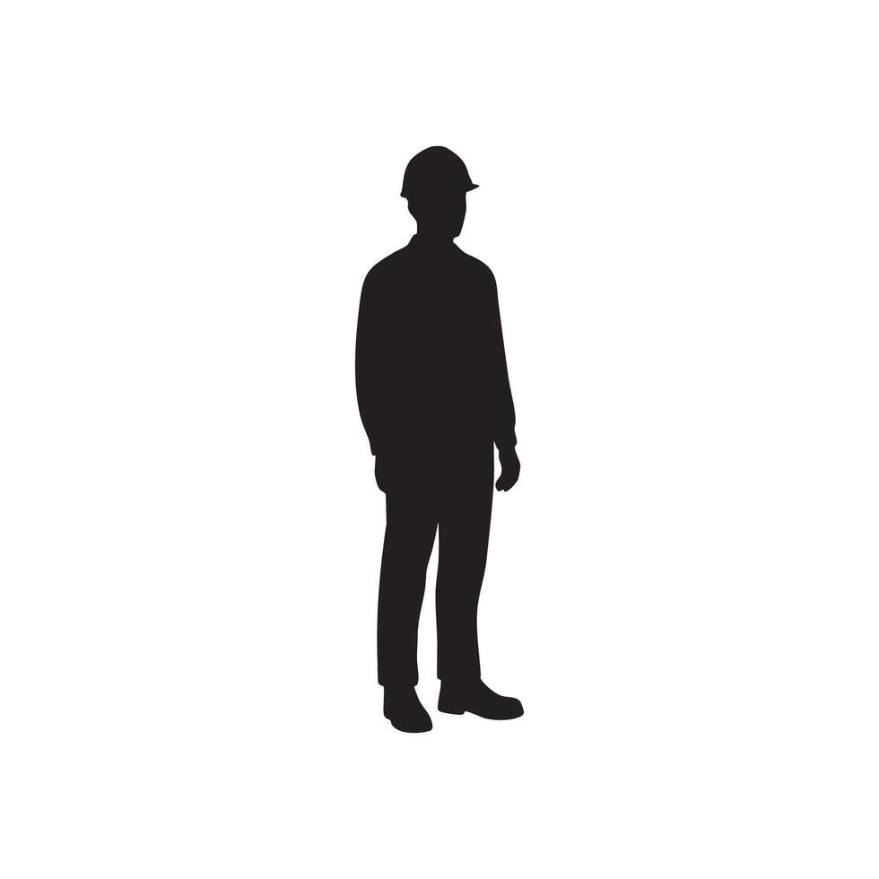 Black silhouette of a construction worker wearing a hard hat isolated on white background silhouette vector