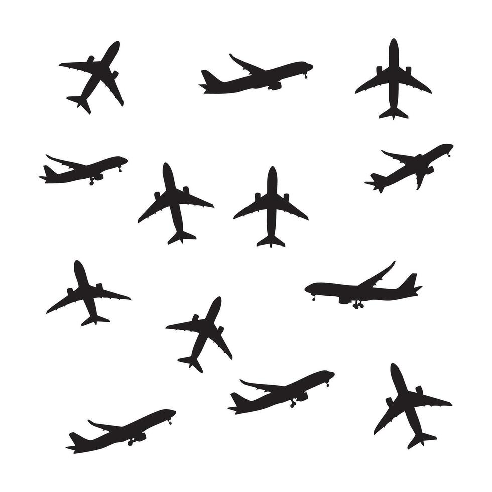 Collection of airplane silhouettes in various flight positions isolated on white background silhouette vector