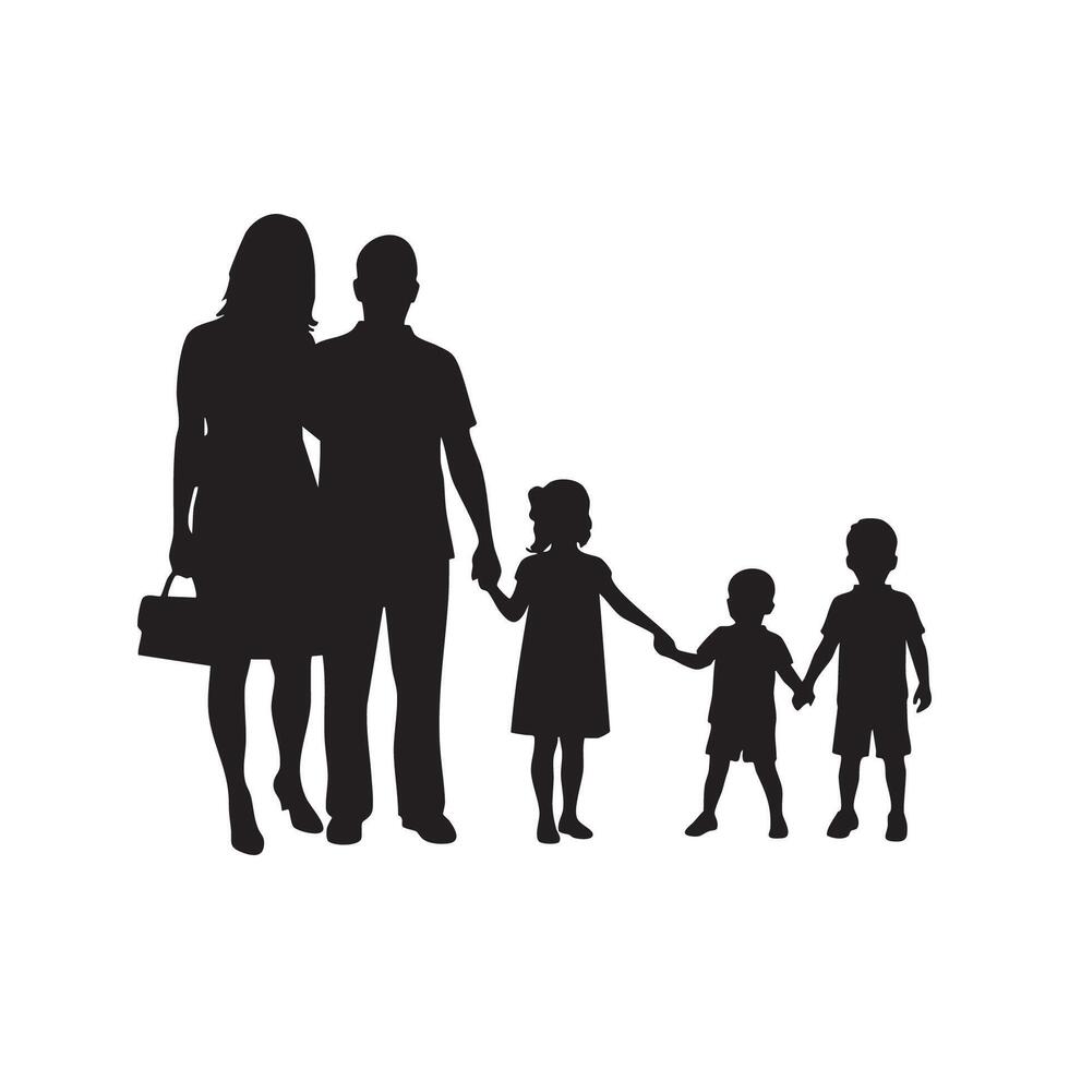 Family of five holding hands silhouette isolated on white background silhouette vector