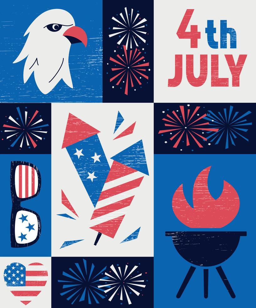 4th of July vertical geometric poster in retro style with symbols of USA Independence day. Illustration in red, white, blue colors with fireworks, balloons, and United States flag vector