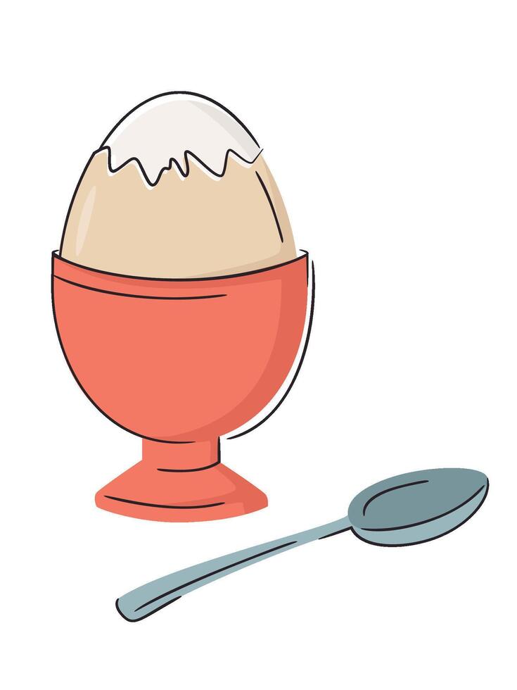 Boiled egg served in a simple red cup with spoon. Protein breakfast. Fresh chicken egg, healthy eating or farm freshness concept. Bright and clean design, minimal illustration vector