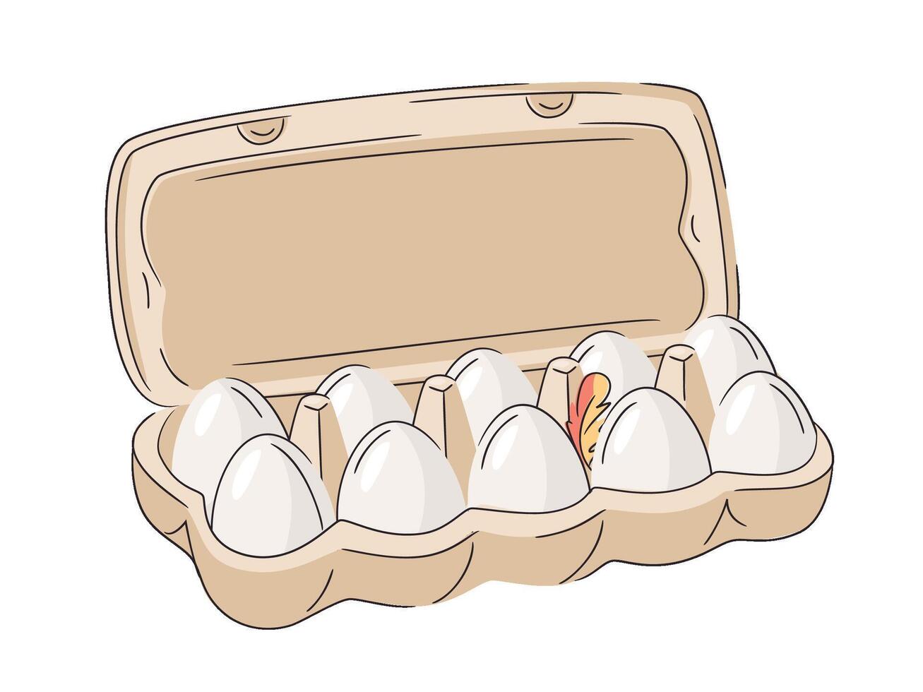 Ten fresh chicken eggs raw in a cardboard box on white background. Healthy eating or farm fresh concept, protein. Bright and clean design, minimal illustration vector