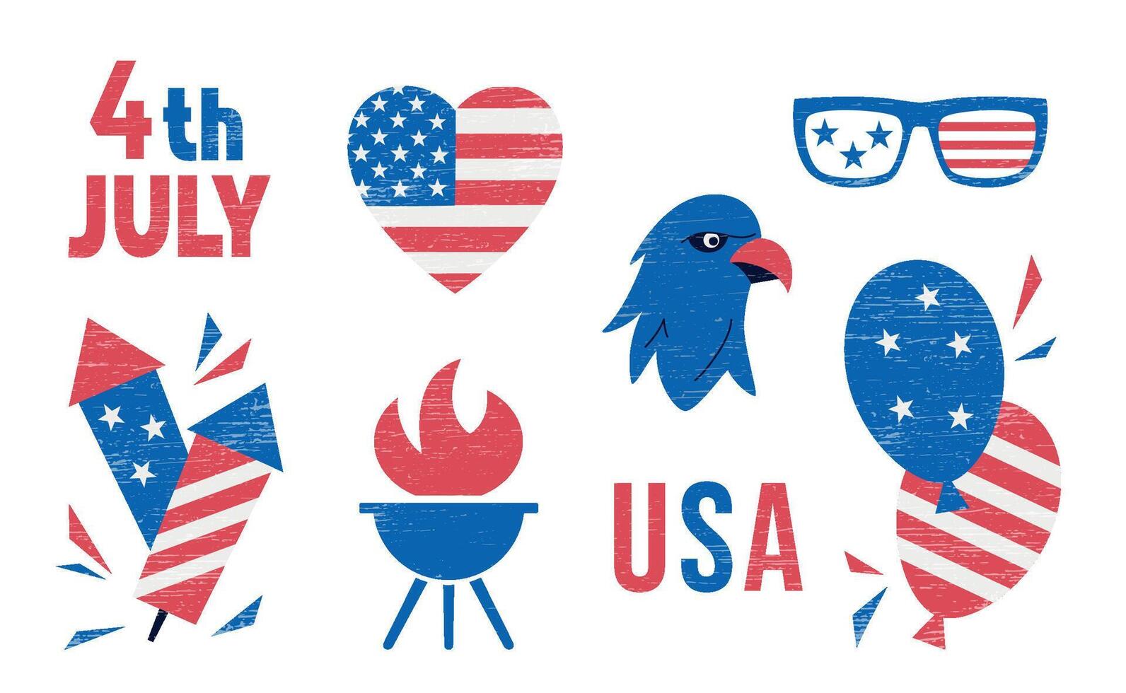 4th July festive big set isolated on white. USA Independence Day elements in white, red, blue colors with bald eagle, fireworks, rockets, barbecue, grill, heart, balloons, sunglasses vector