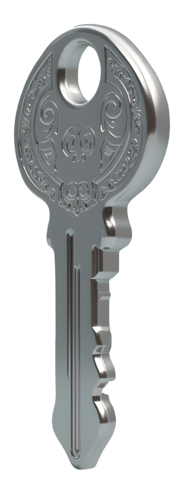 Ornate metallic key symbolizing access. shiny object representing security and potential png