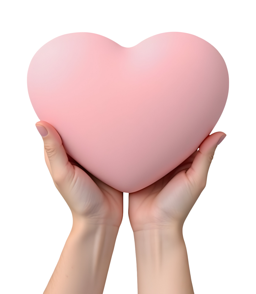 Hands tenderly holding soft pink heart, symbol of caring and profound love png