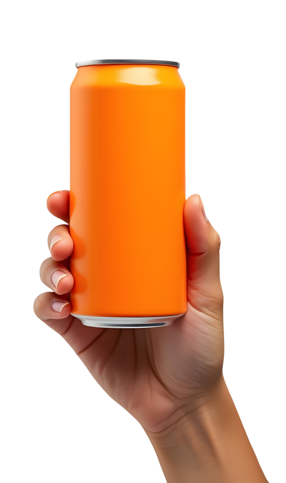 Hand holds bright orange can, refreshing beverage container. Perfect thirst quencher png