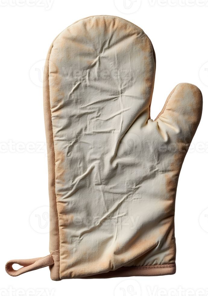Well used kitchen oven mitt for cooking and baking, showing its history of hard work png