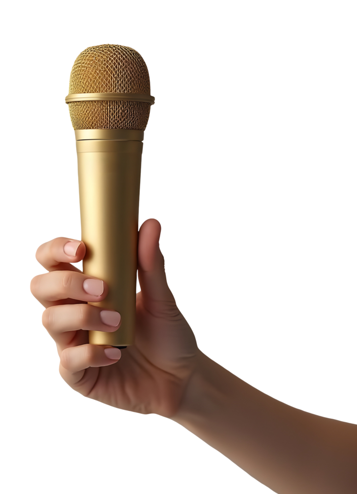 Golden microphone held in hand for an exciting performance, symbolizing success png
