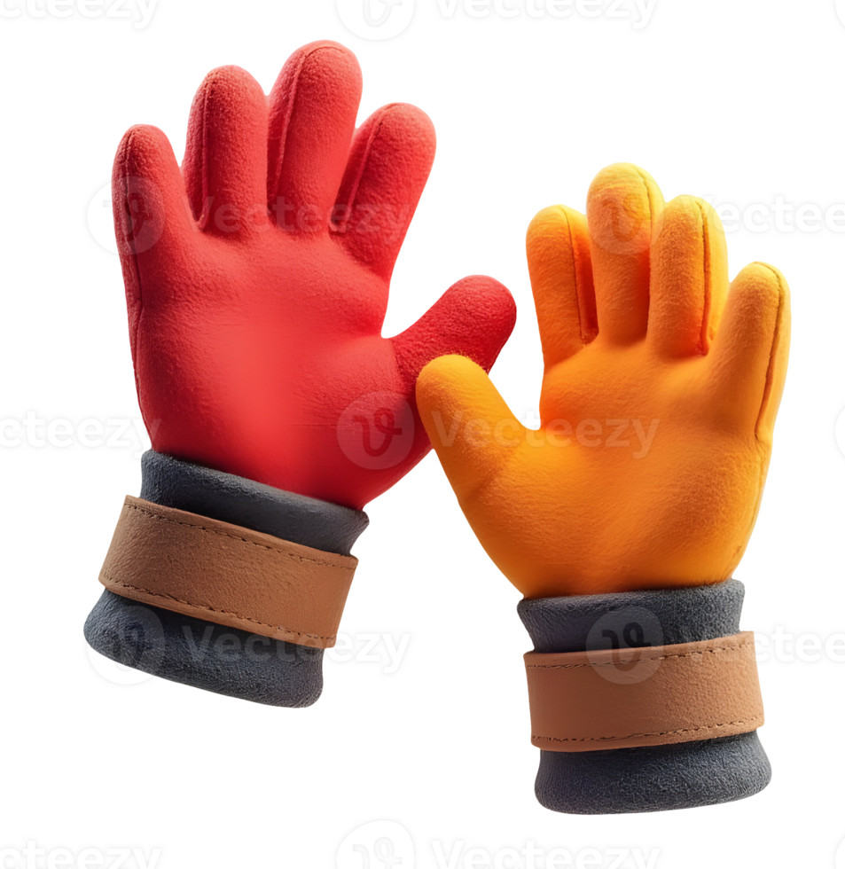 Two fuzzy gloves in red and orange perform joyful high five gesture png
