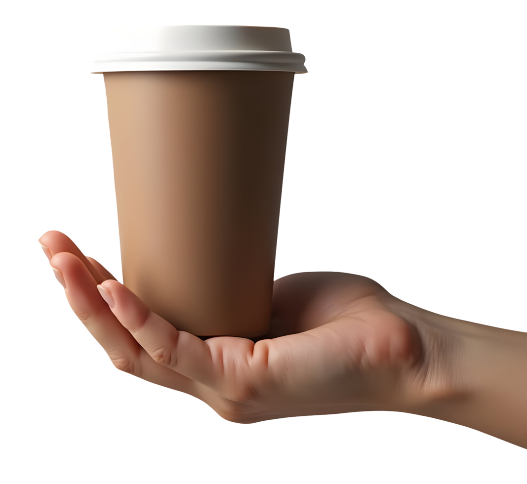 Hand holds warm coffee cup, offering convenience and moment of enjoyment png