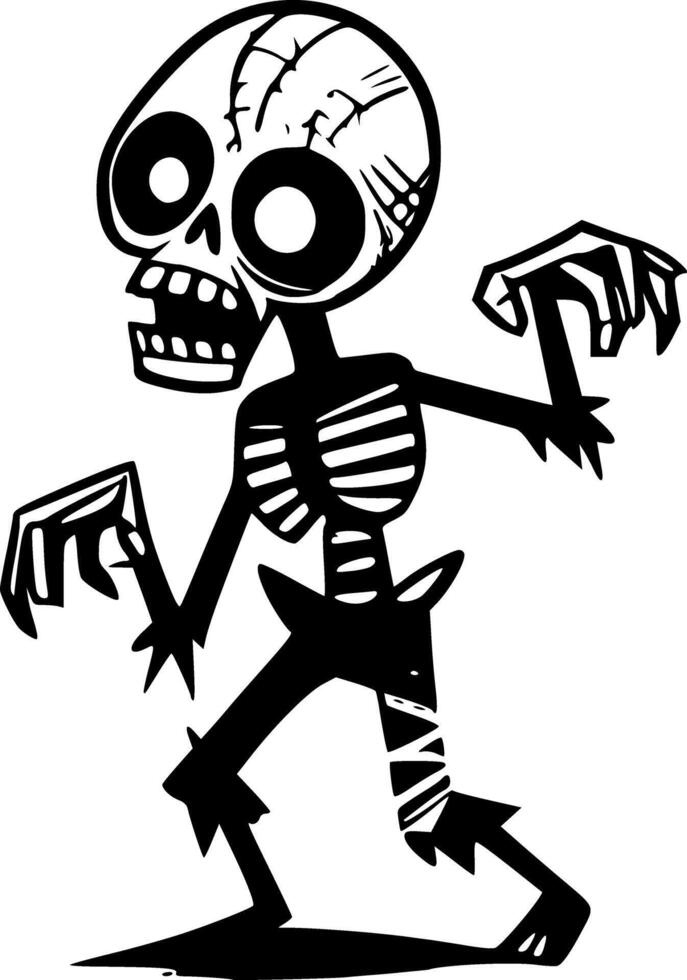 A cartoon skeleton with a black and white background vector