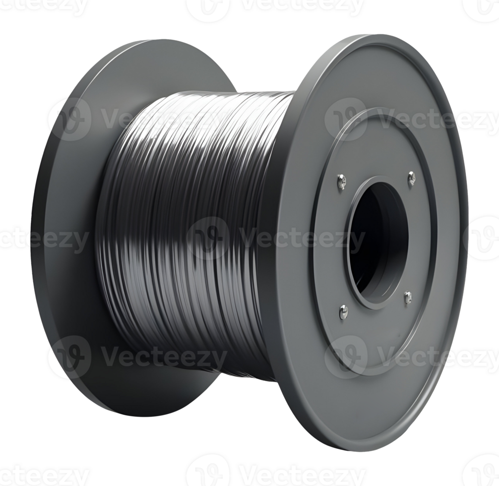 Neat gray spool neatly holds shiny metal wire, ready for various industrial use png