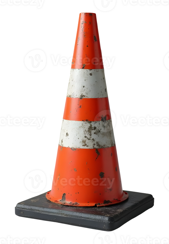 Aged dirty traffic cone, orange and white, signals construction safety warning png
