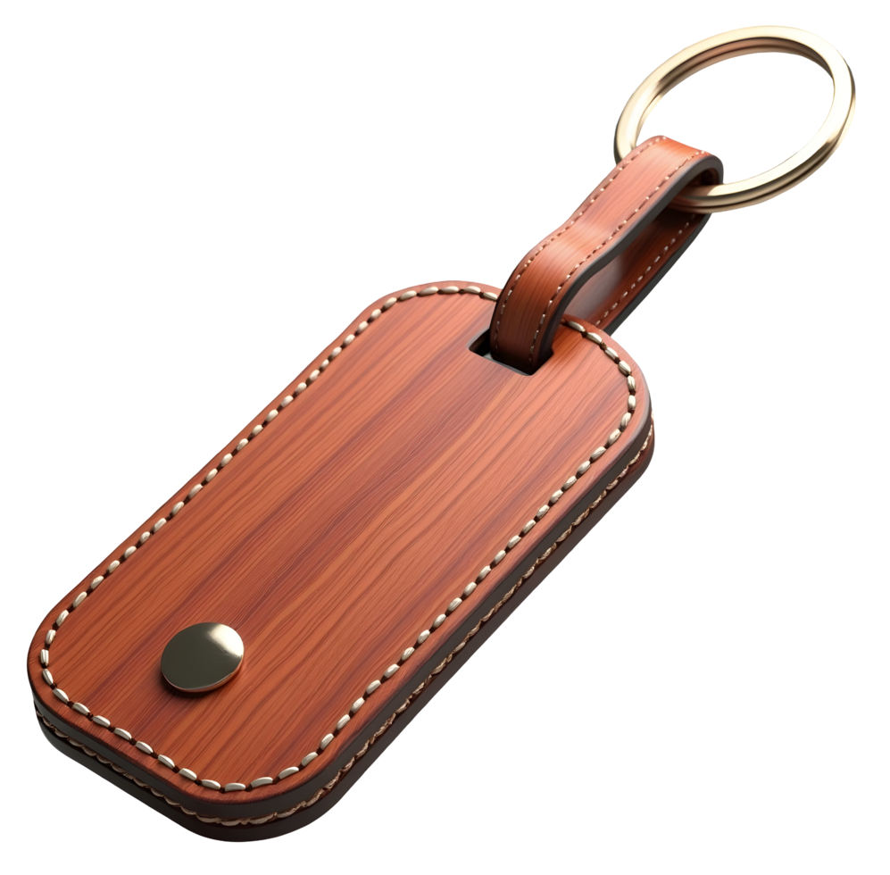 Brown leather keychain, elegant luxury accessory. Modern design, stylish item png