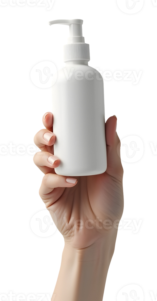 Hand holds white pump bottle, essential for hygiene and personal care png