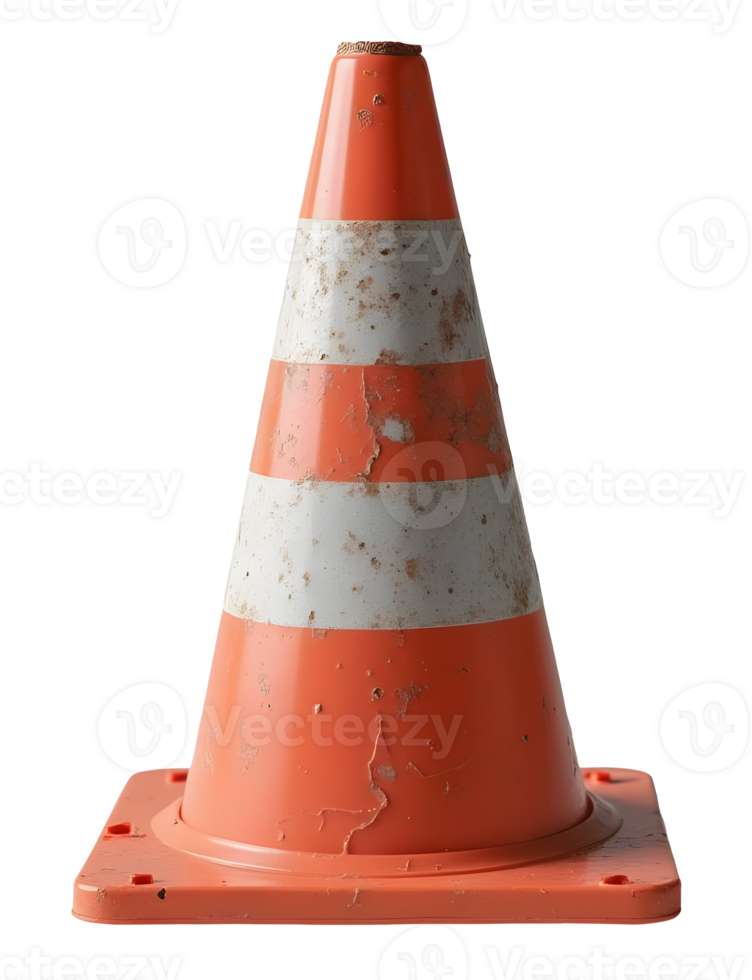Worn orange and white traffic cone, essential for construction road safety png
