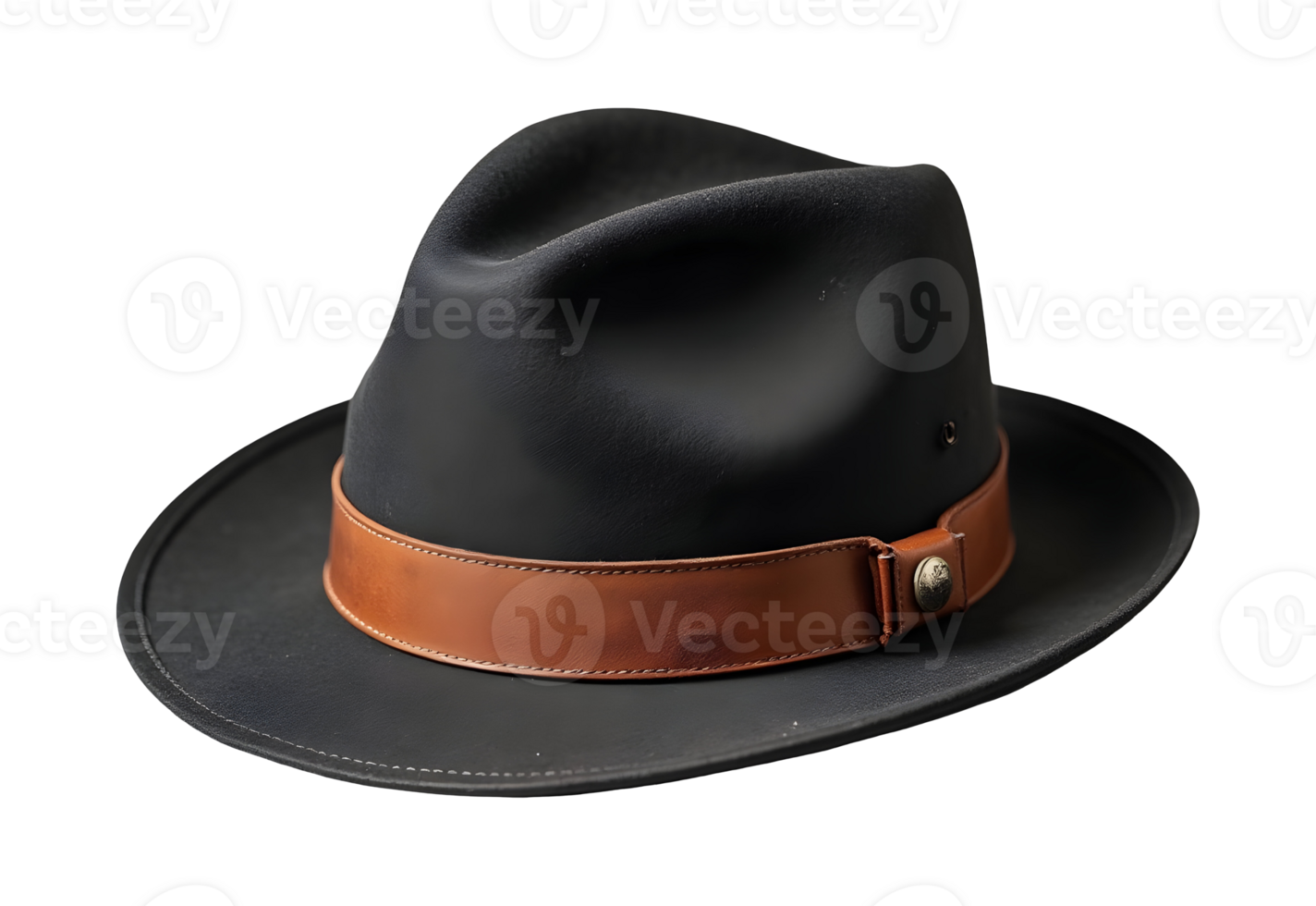 Classic dark fedora hat featuring stylish brown leather band accessory png