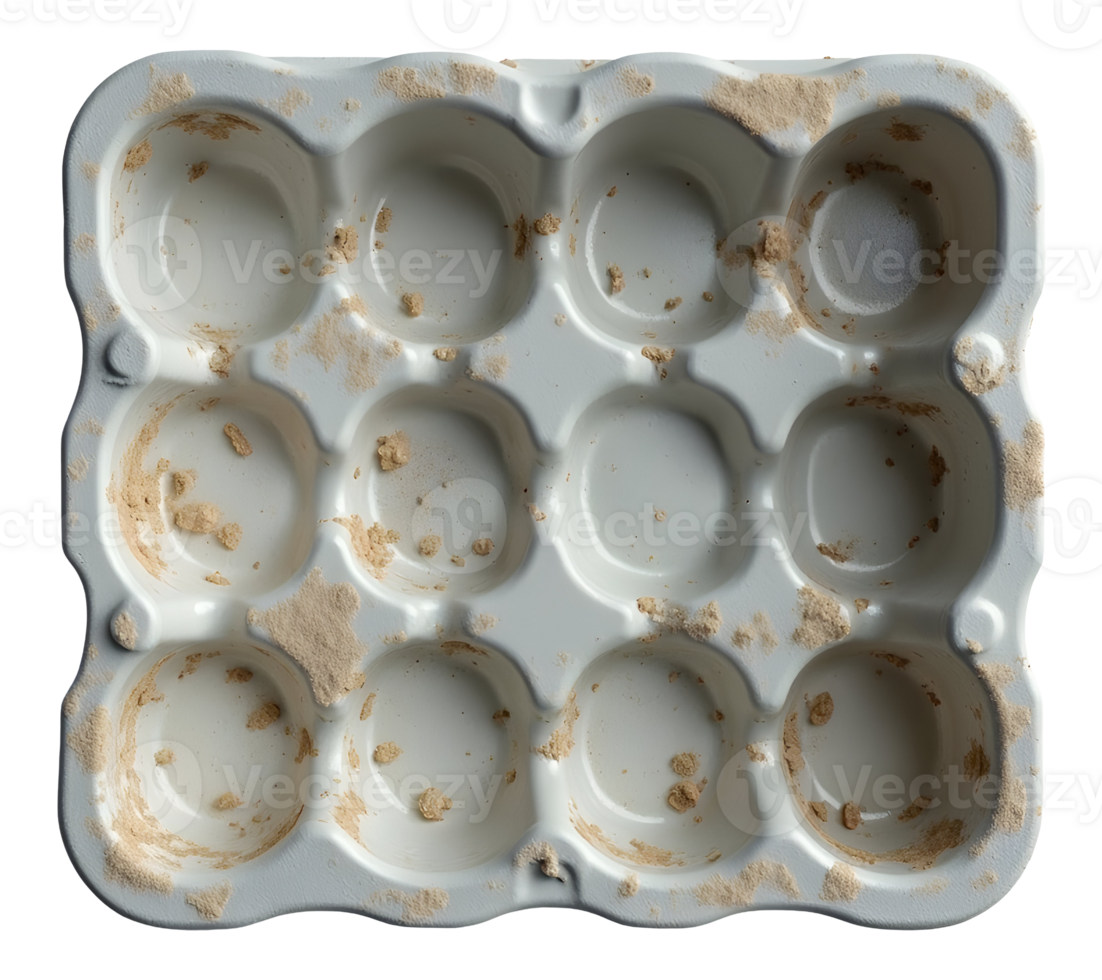 Used white plastic baking tray, covered with dirty crumbs and residue png