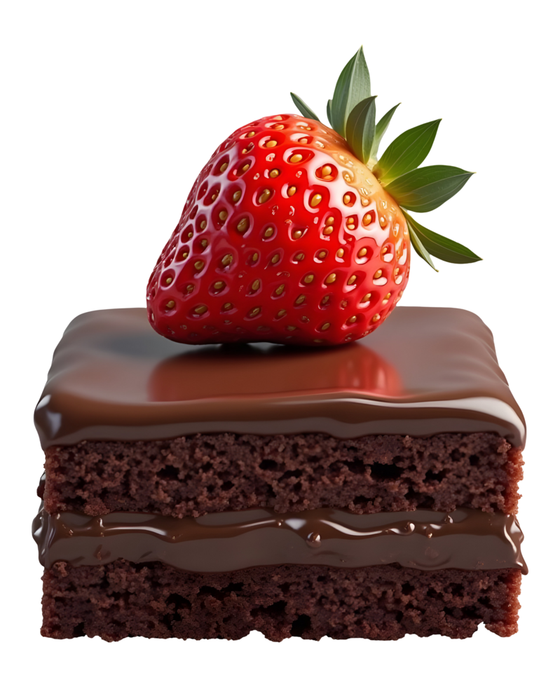 Delicious chocolate cake topped with vibrant red strawberry evokes sweet delight png