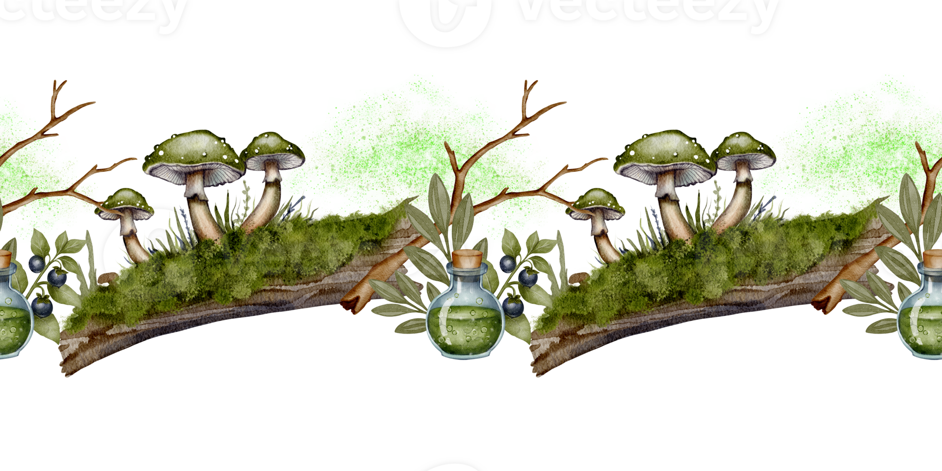 Seamless botanical border with mushrooms, green moss, forest branch, berries and potion bottle. Watercolor drawing in fantasy style. Great for packaging, labels, and magical forest themes. png