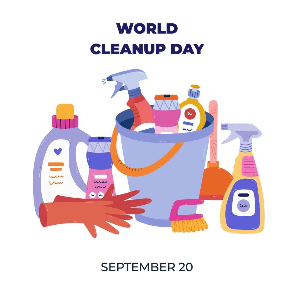 Square banner for World Cleanup Day with trendy bright housekeeping and cleansing supplies in bucket . Minimalistic holiday poster, with concept illustration, template for website, media. vector