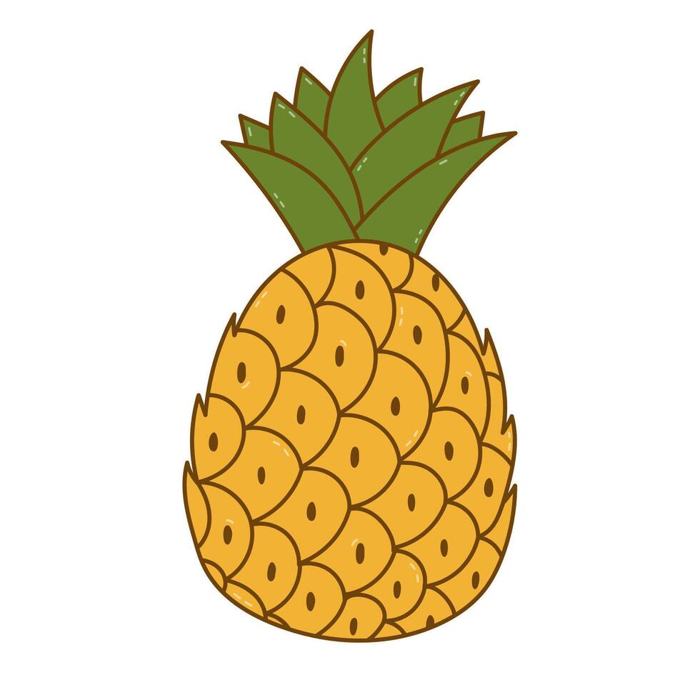 Lovely colourful tropical pineapple with hand drawn line. Trendy doodle of summertime exotic fruit for poster, design, social media, print. Healthy vegetarian yummy food isolated on background. vector