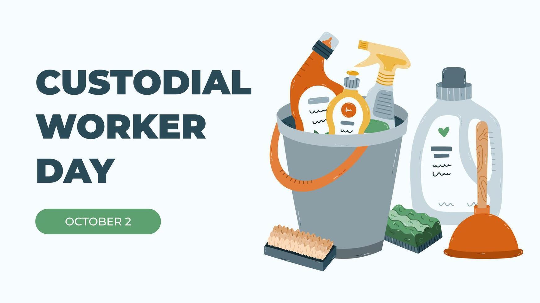 Horizontal minimalistic banner for Custodial Worker Day with household tools, detergent bottles in bucket. Simple holiday concept illustration in warm colors for poster, website background, media. vector
