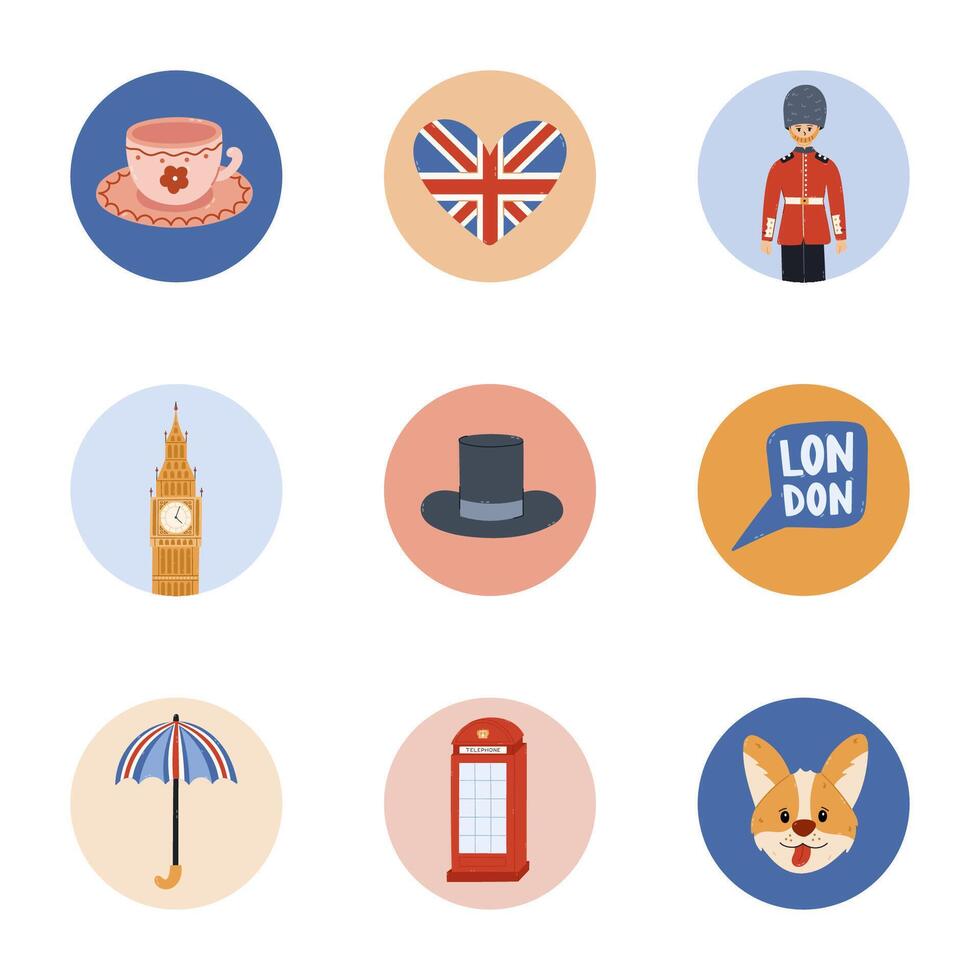 Lovely cartoon round cover icon with London and English clipart for different social media, blog, branding. Highlight icon for stories with queen guard, UK flag, red telephone booth in pastel colors vector