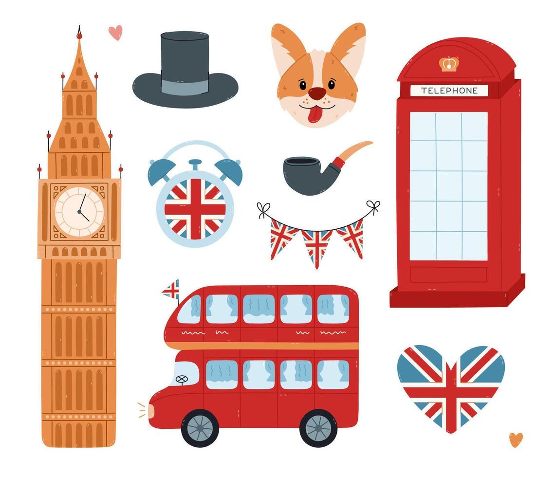 Lovely cartoon Great Britain set with national landmarks, cultural symbols of England. Funny hand drawn double decker bus for sightseeing, public call box, Big Ben, corgi dog isolated on background vector