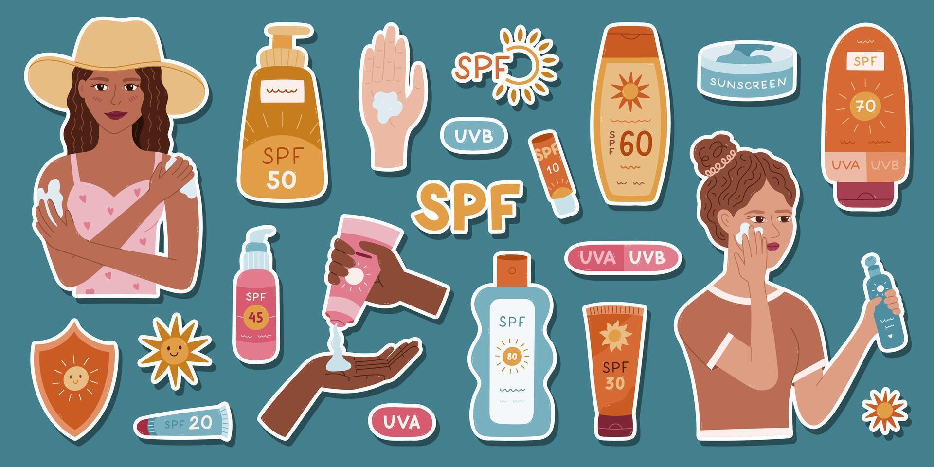Sunscreen and SPF product illustrations vector