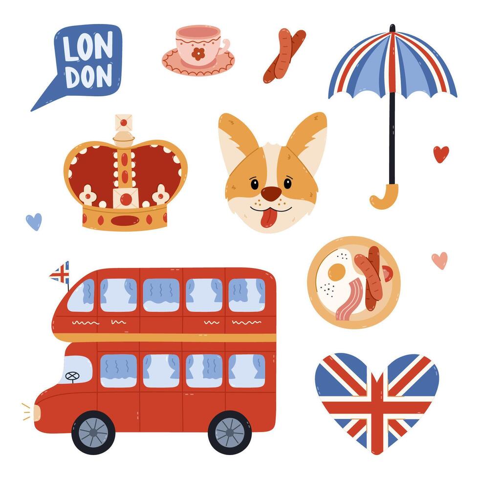 Lovely cartoon England set with popular landmarks, nostalgic symbols of UK. Childish hand drawn touristic double decker bus, umbrella, heart with Union Jack, queen crown isolated on background. vector