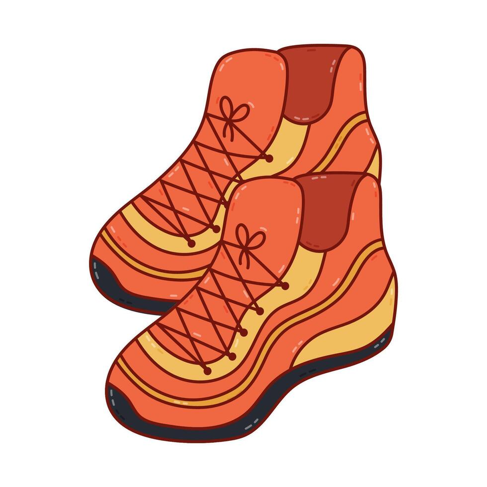 Lovely colourful doodle pair of fitness sneakers with laces for jogging, gym training, walking. Trendy footwear for active woman and man. Comfortable sport shoes isolated on white background vector