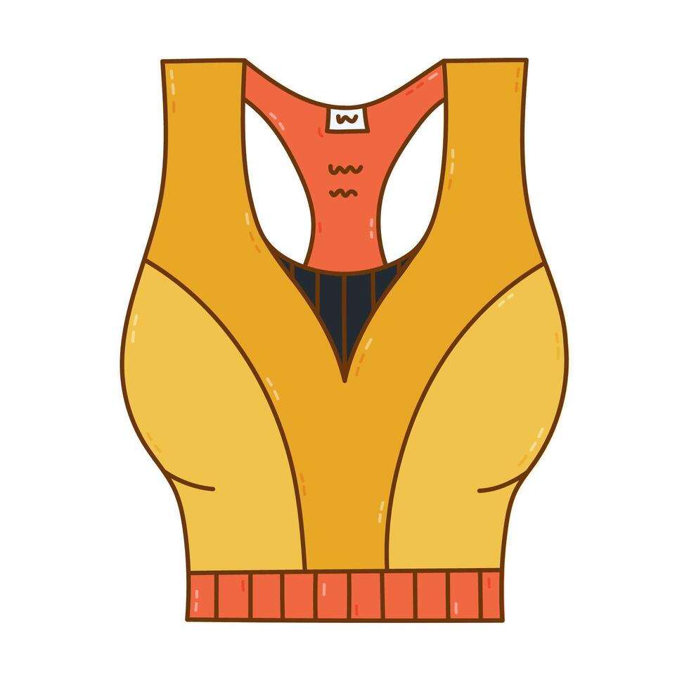 Lovely cartoon doodle woman sports bra for fitness, yoga, pilates front view. Trendy hand drawn crop top for support during athletics at home and gym. Female activewear bra top isolated on white. vector