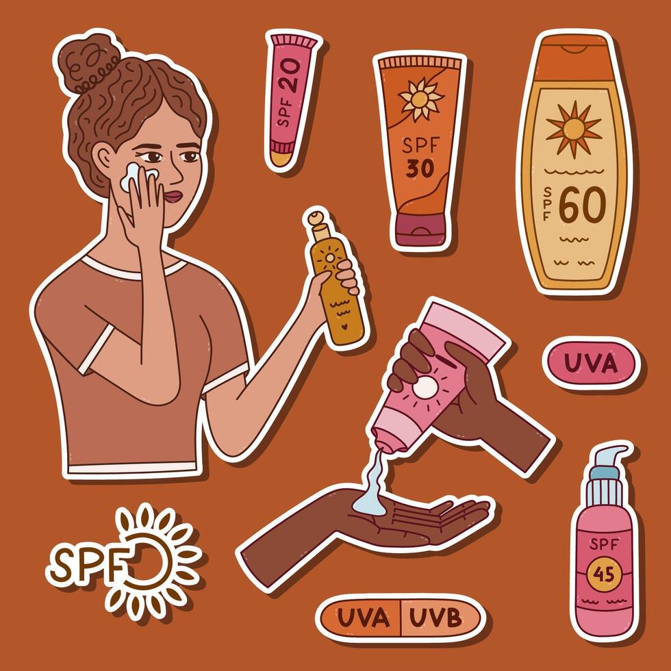 Cartoon doodle sticker list about defense from dangerous ultraviolet rays for planners, notebook, diary. Ready for print hand drawn sticker set with tubes and jars with SPF, women using sunscreen. vector
