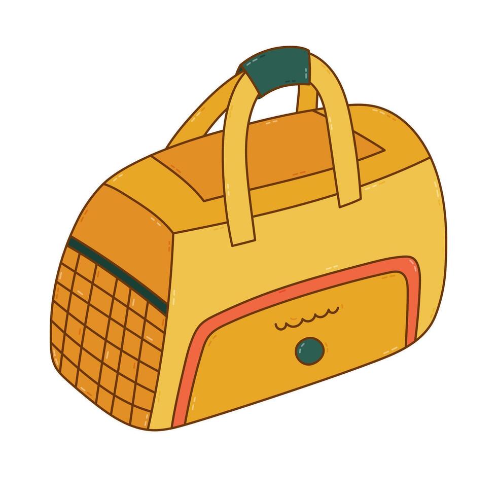 Cartoon doodle closed gym bag for training tools. Lovely hand drawn travel or textile sport bag with handle and side mesh pocket. Fitness package, duffle bag for sportswear isolated on white. vector